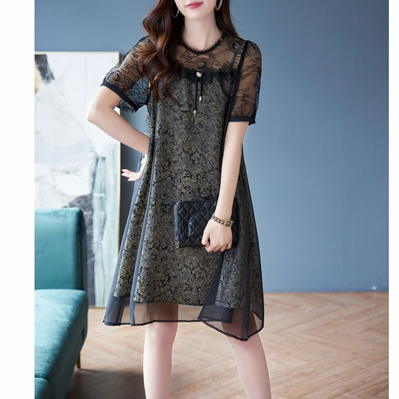 Summer Gauze Clothing - Fashion O-Neck Printed Spliced Gauze Lace
