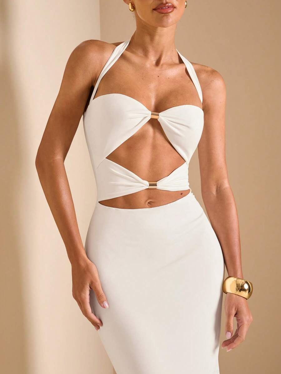 White Cut Out Halter Neck Fitt - Halter Neck Top review and price