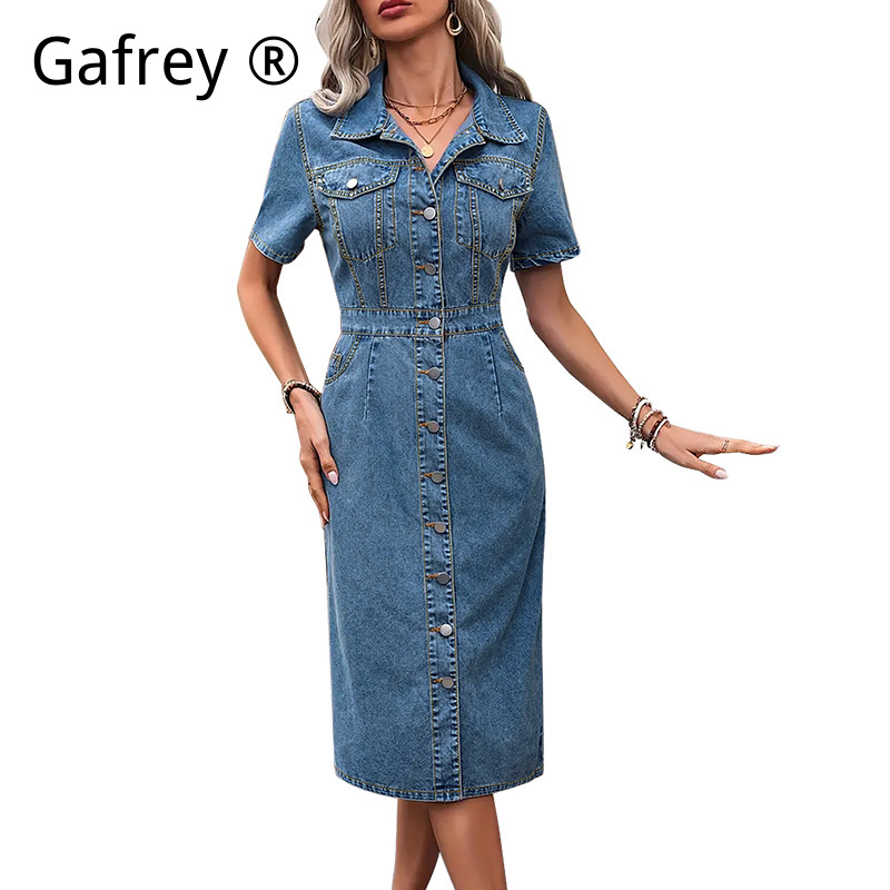 Plus Size Women Lapel Denim Dr - Summer Clothing Women Sale review and price