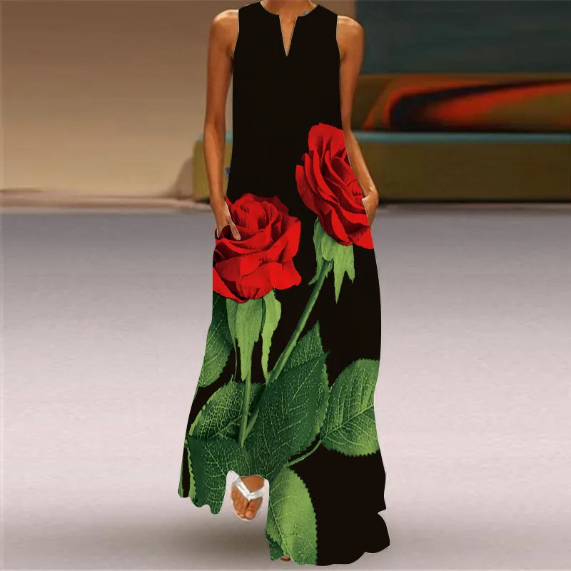 Red Rose Print Long Dress For  - Summer Rose Clothing review and price