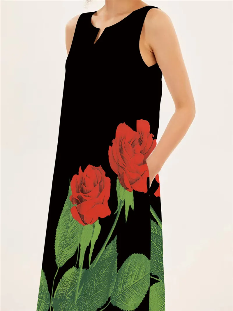 Red Rose Print Long Dress For  - Summer Rose Clothing review and price