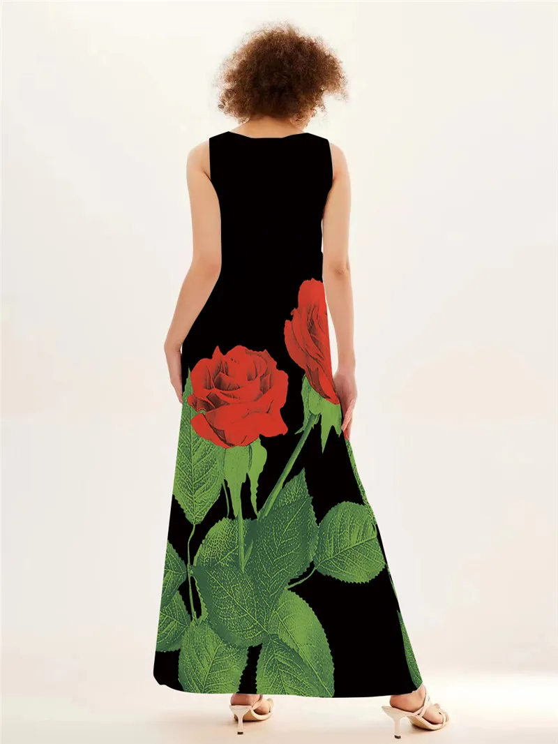 Red Rose Print Long Dress For  - Summer Rose Clothing review and price