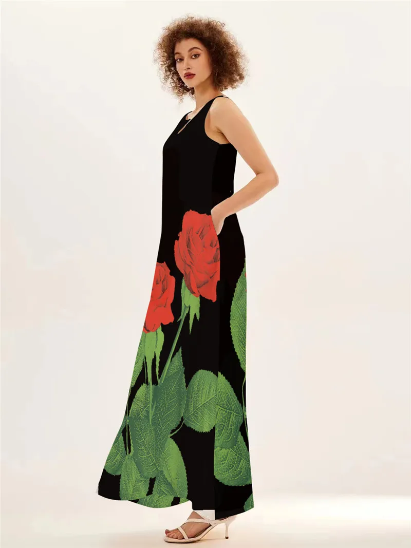 Red Rose Print Long Dress For  - Summer Rose Clothing review and price