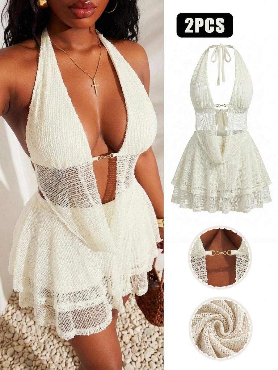 White Knitted Two-Piece Set Ha - Halter Neck Top review and price